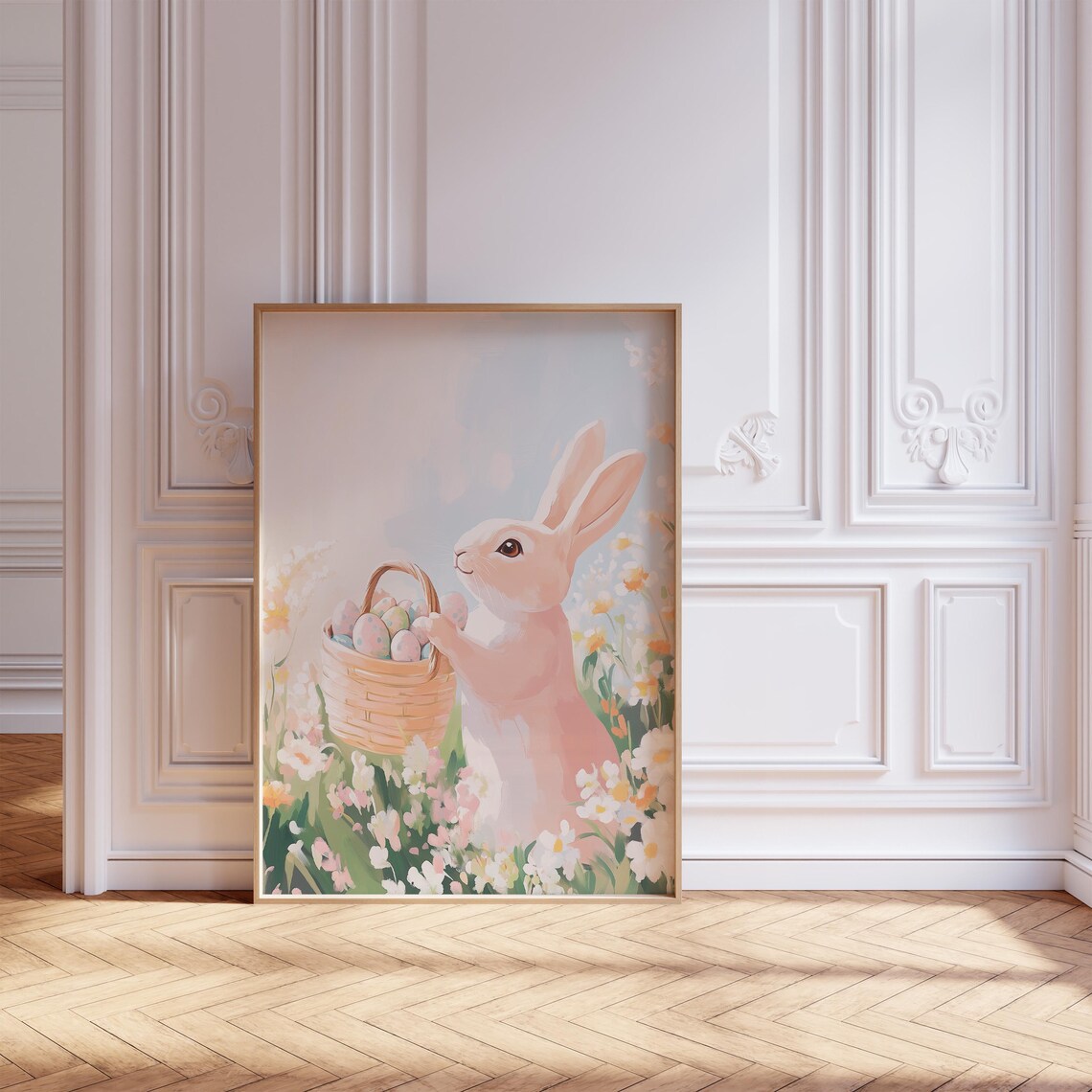 Cute Easter Bunny Holding Basket of Eggs in Flower Meadow Poster - Image 3