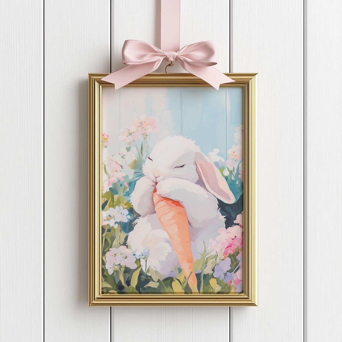 White Easter Bunny Nibbling Carrot Spring Flower Garden Poster