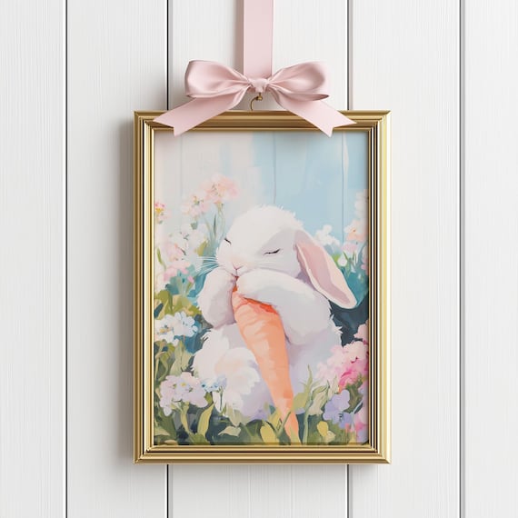 White Easter Bunny Nibbling Carrot Spring Flower Garden Poster