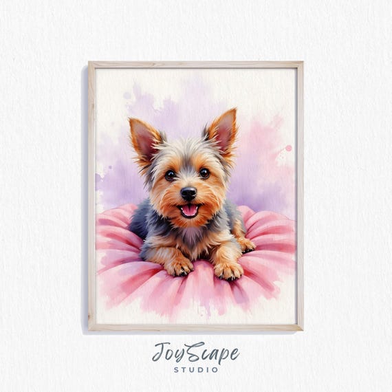 Yorkshire Terrier Puppy Art Adorable Dog Illustration Cute Pet Wall Decor Pastel Pink Background