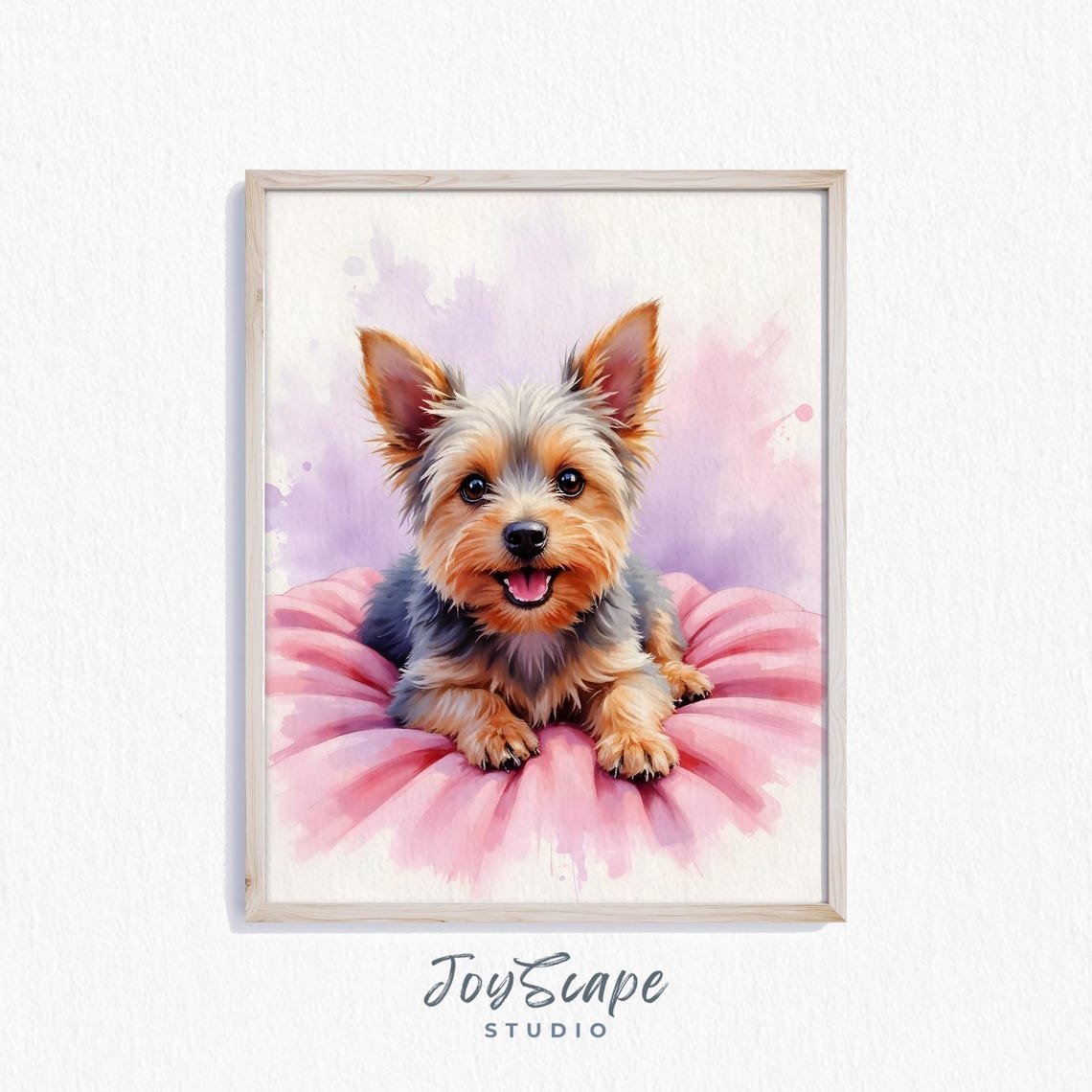 Yorkshire Terrier Puppy on Pink Cushion Watercolor Portrait Poster