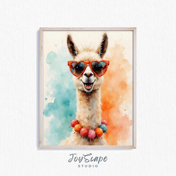 Funny Llama Watercolor Nursery Wall Art Bright Colorful Animal Decor