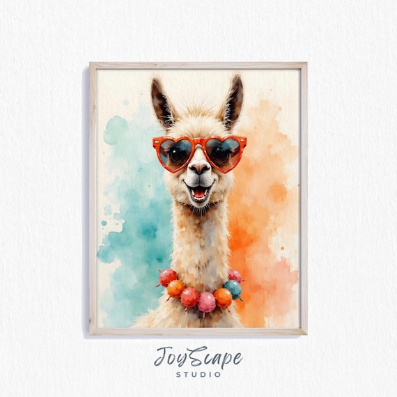 Grinning Llama Wearing Red Heart Sunglasses Playful Watercolor Poster