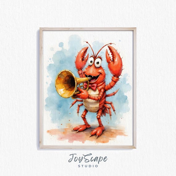 Funny Lobster With Trumpet Watercolor Nursery Wall Art Kids Room Animal