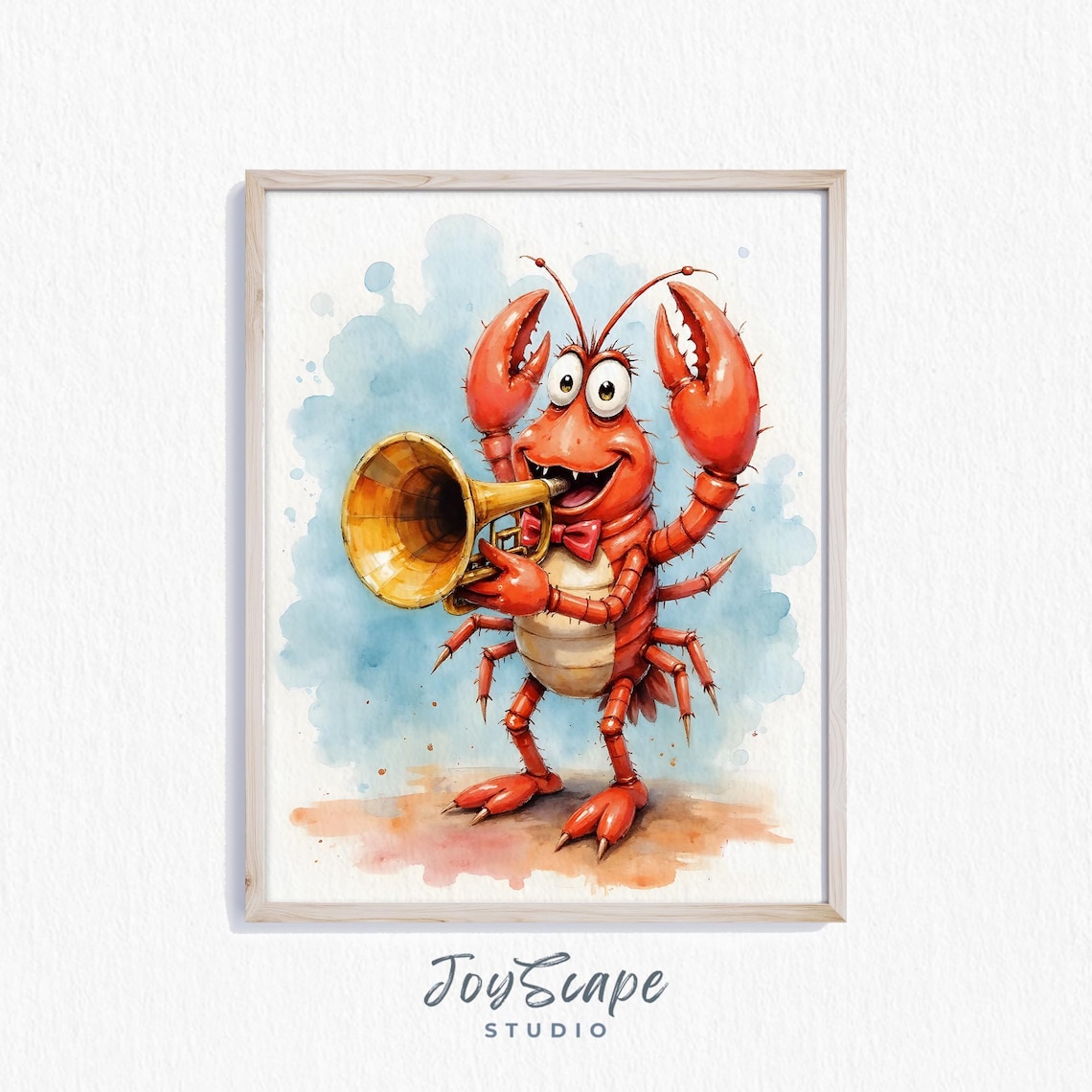 Goofy Red Lobster in a Bow Tie Playing a Trumpet Watercolor Poster