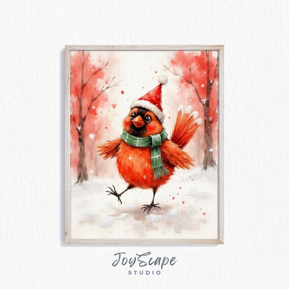 Funny Cardinal Bird in Santa Hat Christmas Watercolor Poster