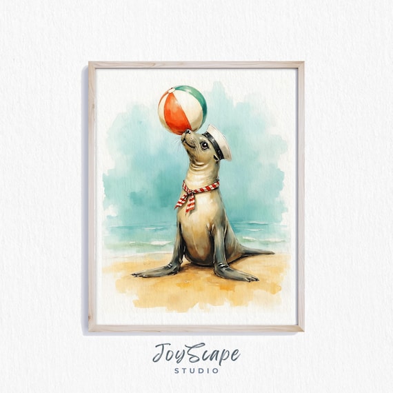 Cute Sea Lion Sailor Hat Beach Ball Watercolor Nursery Poster