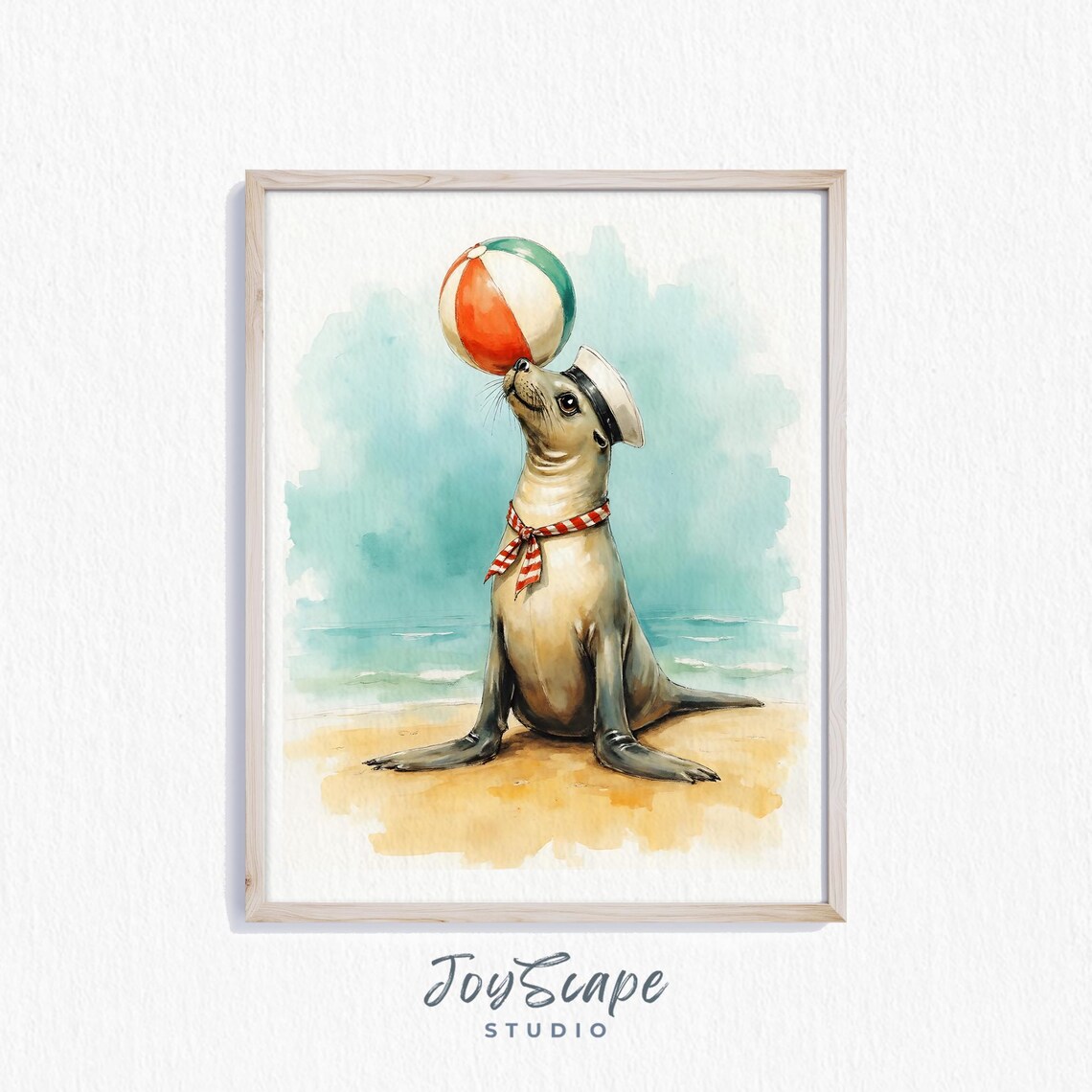 Cute Sea Lion Sailor Hat Beach Ball Watercolor Nursery Poster