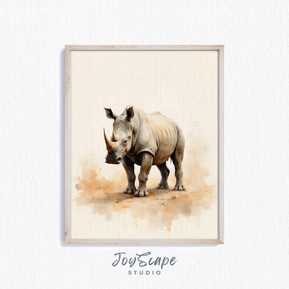 Rhinoceros Wall Art Rustic Animal Painting Earthy Wildlife Decor Nursery Nature Print Artwork 300