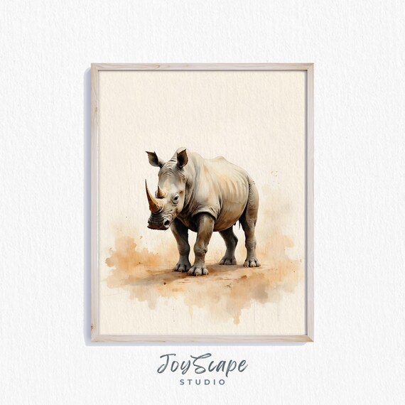 White Rhinoceros Watercolor African Safari Animal Decor Print