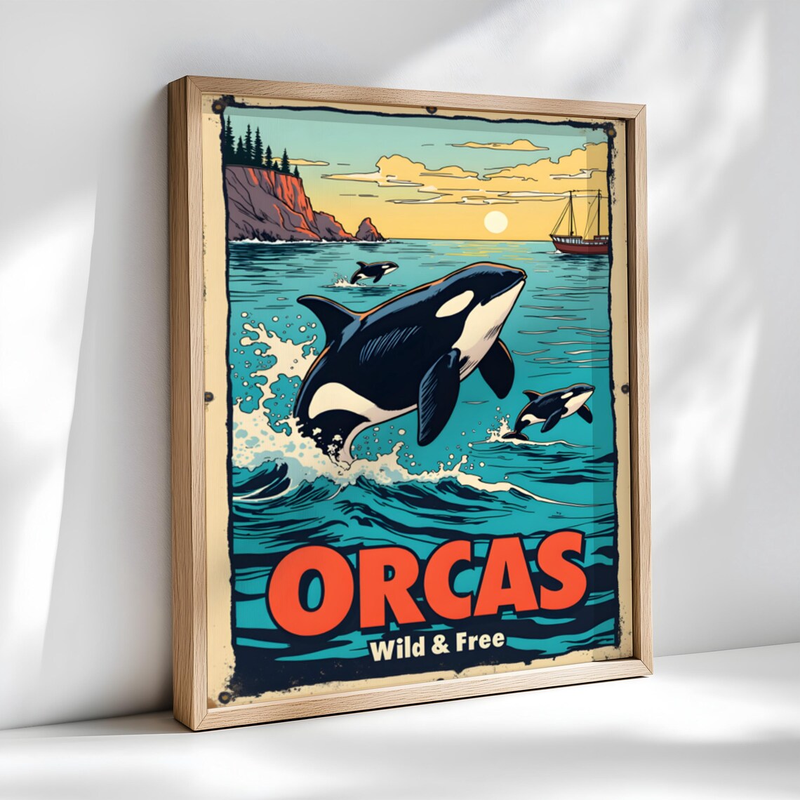 Orcas Wild And Free Leaping Killer Whales Ocean Retro Art Poster