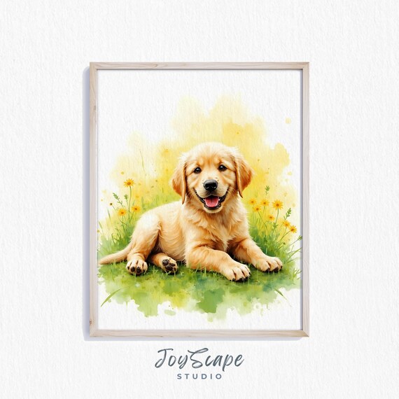 Smiling Golden Retriever Puppy In Daisy Meadow Watercolor Art Poster