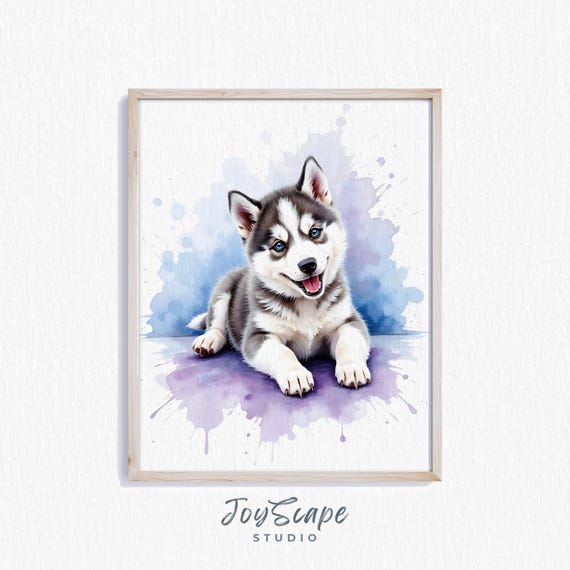 Siberian Husky Puppy Art Playful Watercolor Pet Decor Print Cute Dog Nursery Wall Adorable Animal Lovers Gift