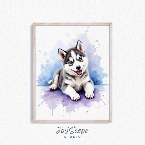 Siberian Husky Puppy Happy Watercolor Portrait Blue Splashes Poster