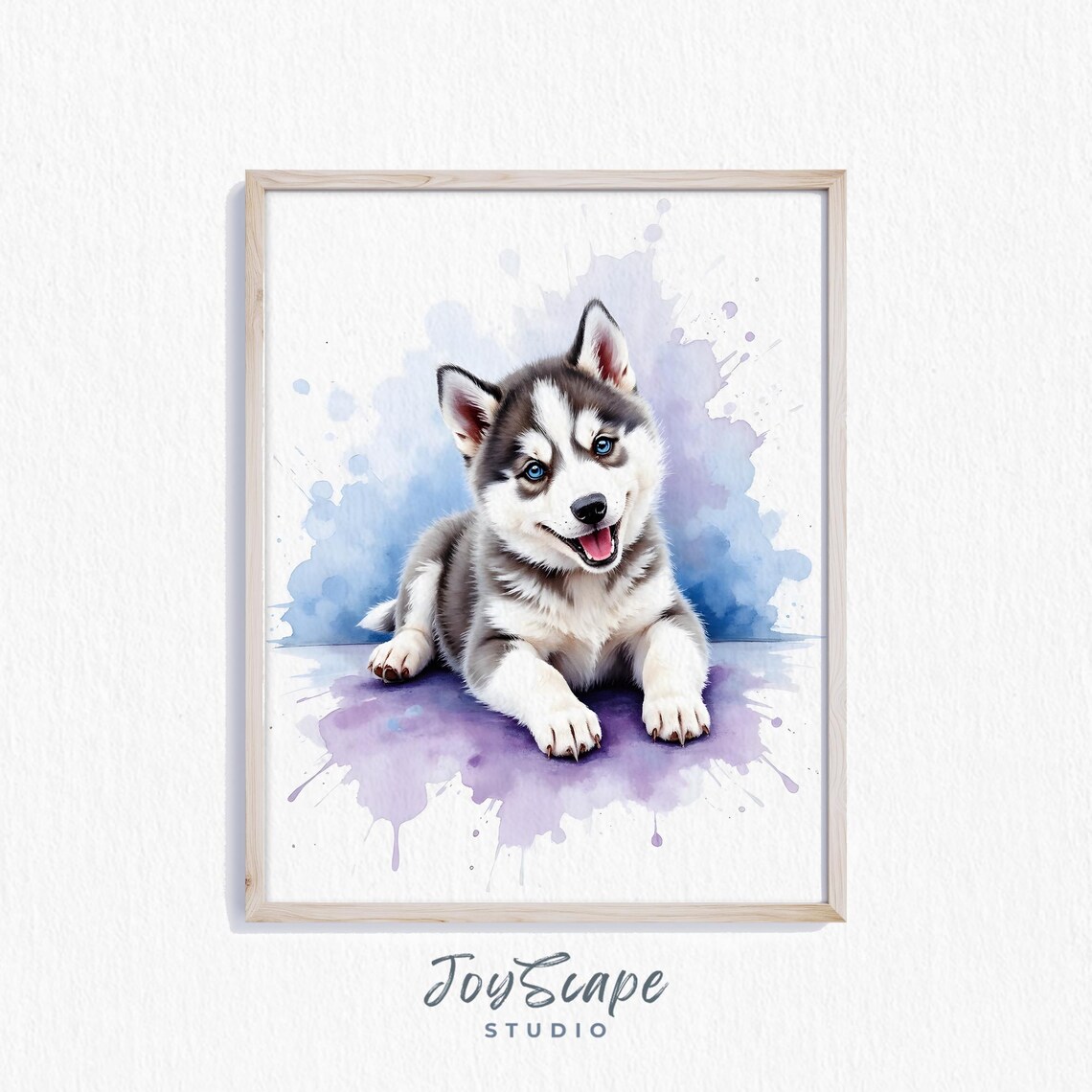 Siberian Husky Puppy Happy Watercolor Portrait Blue Splashes Poster