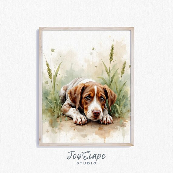 Brown and White Puppy Lying in Grass Watercolor Nursery Poster