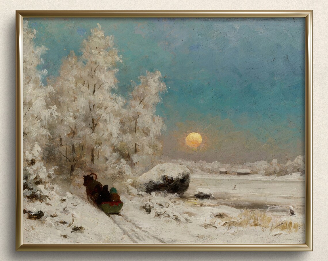 Winter Sleigh Ride Horse Drawn Snow Sunset Vintage Art Print