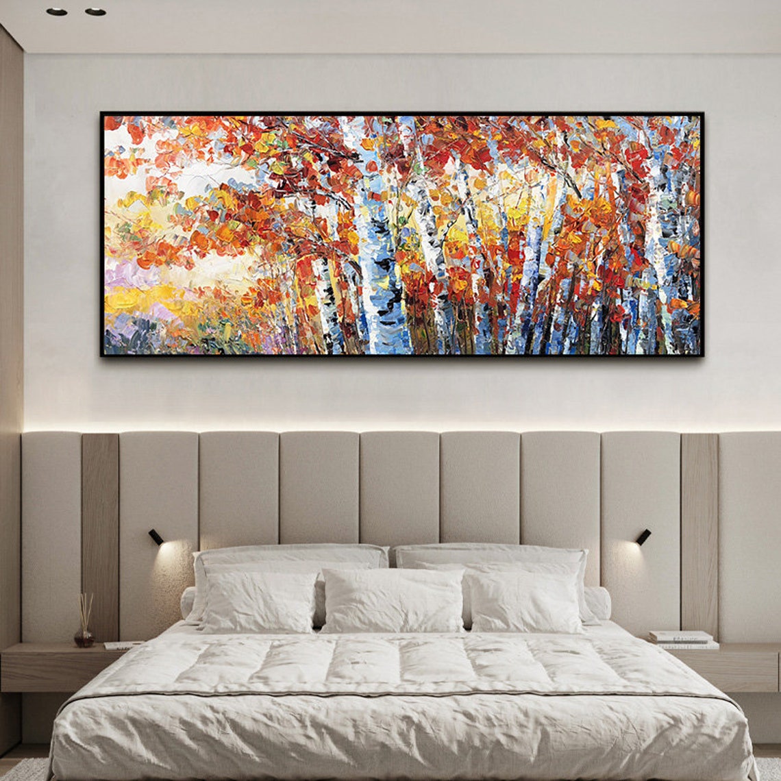 Autumn Birch Forest Red Orange Leaves Textured Impasto Art Poster - Image 4