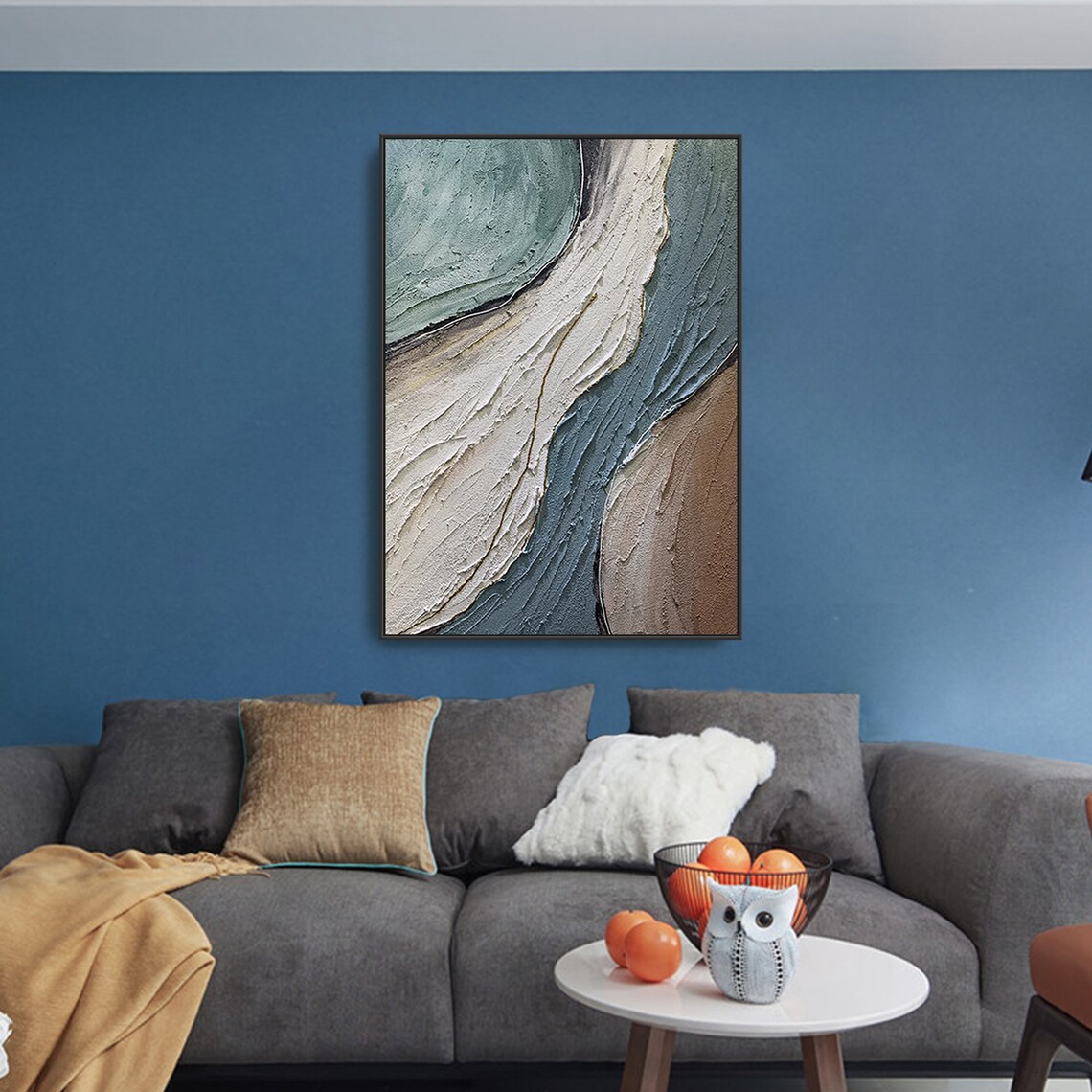 Teal Green Ivory Abstract Wave Textured Wabi Sabi Coastal Art Poster - Image 4