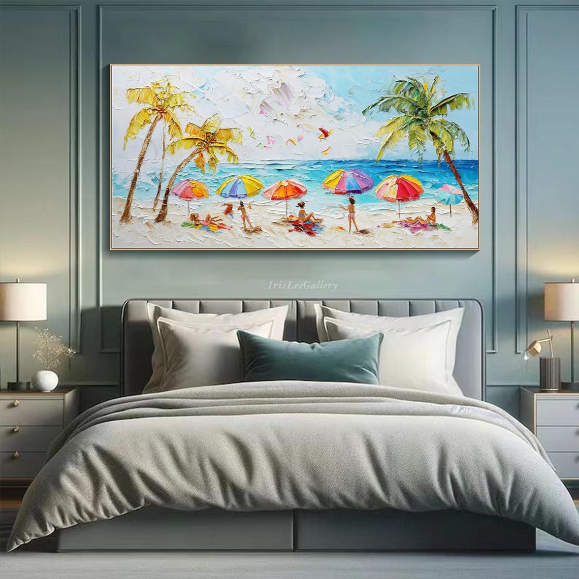 Happy Beach Crowd Palm Trees Colorful Umbrellas Summer Coast Wall Art - Image 2