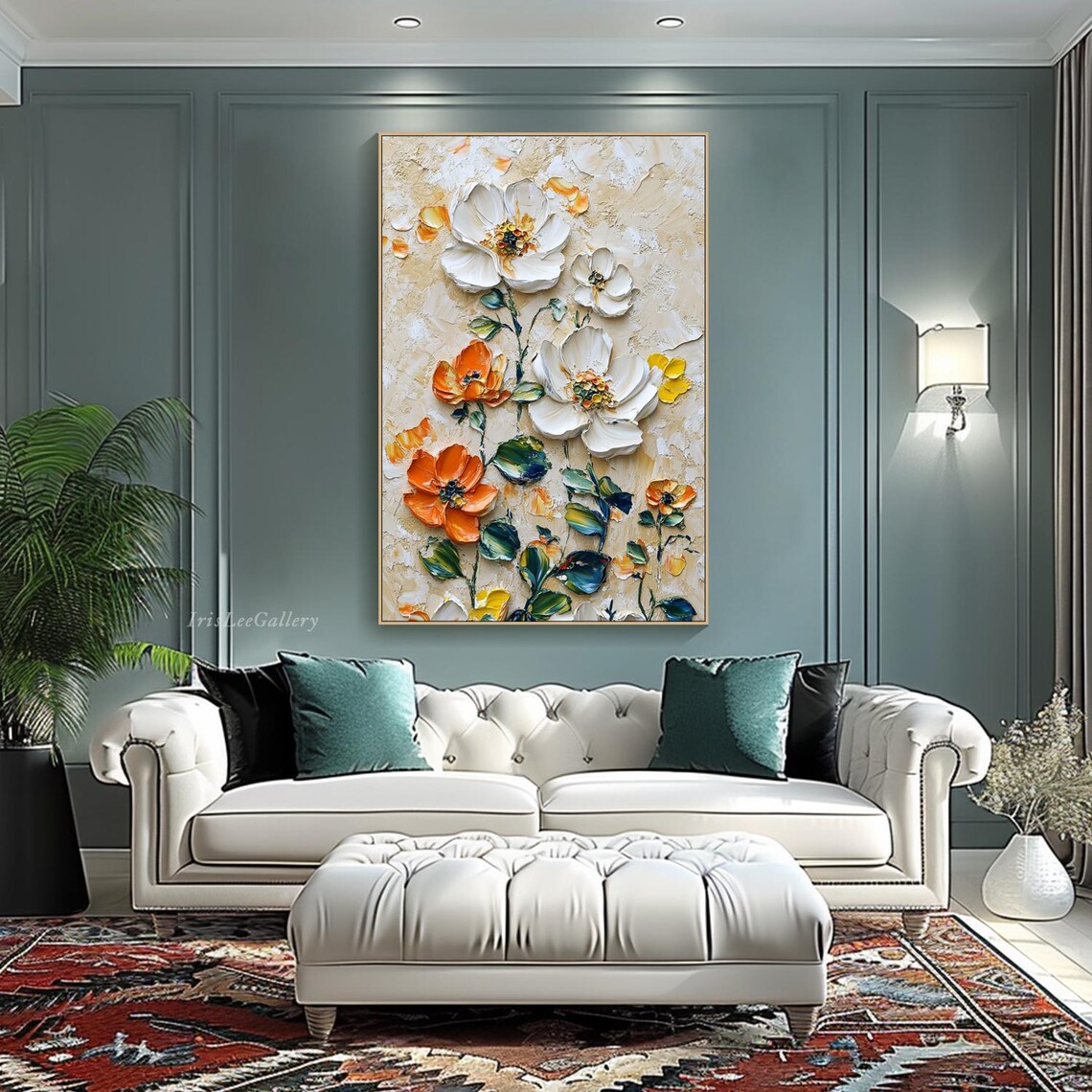 White Orange Blossom Textured Impasto Floral Painting Wall Art - Image 4