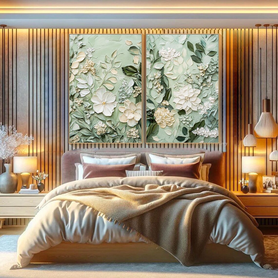 Sage Green 3D Floral Diptych White Blooms Textured Botanical Wall Art - Image 3
