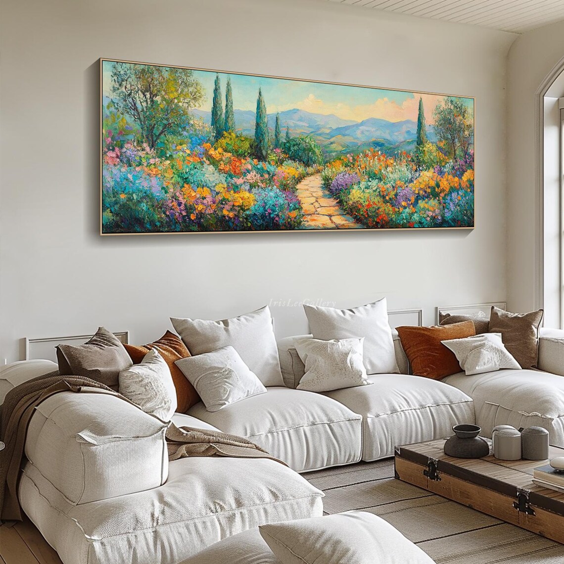 Tuscan Garden Path Cypress Trees Flowers Mountain View Art Poster - Image 4