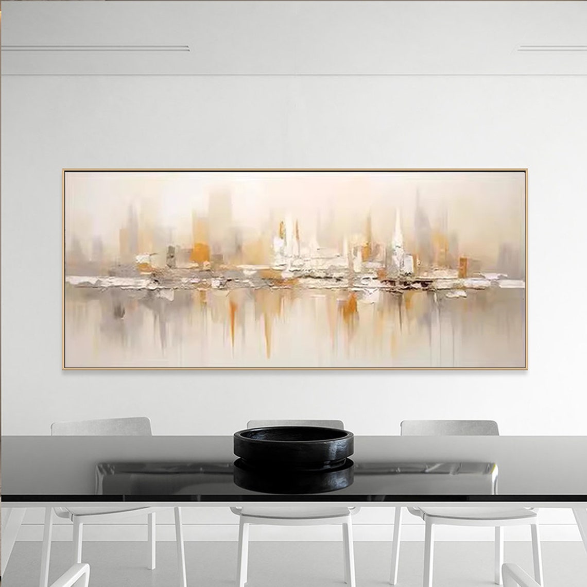 Gold Abstract City Skyline Reflection Misty Waterfront Urban Poster - Image 2