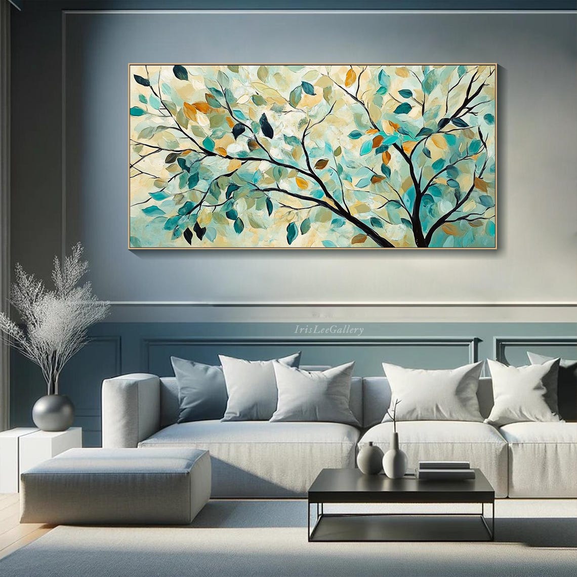 Teal Cream Leaves Tree Branches Textured Botanical Nature Art Poster - Image 2