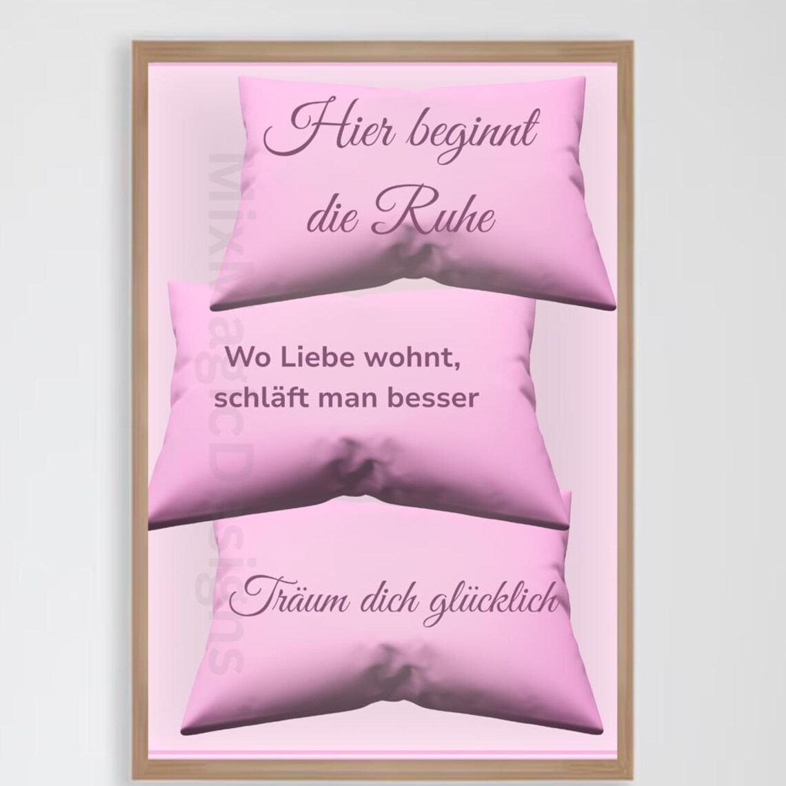 German Bedroom Quote Poster Pink Pillows Rest Love Dream Decor