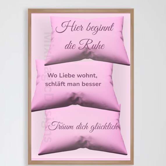 German Bedroom Quote Poster Pink Pillows Rest Love Dream Decor