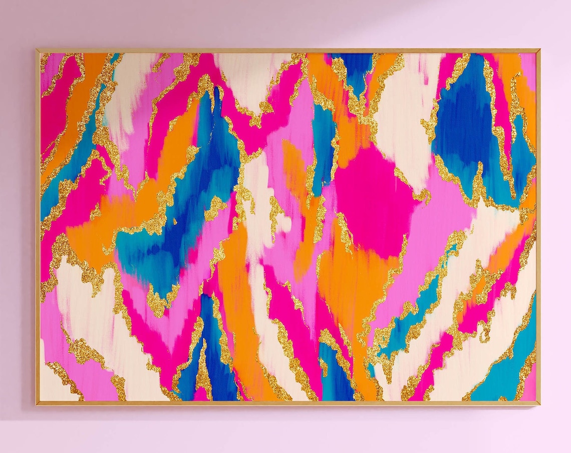 Pink Orange Teal Abstract Art Print, Preppy Decor