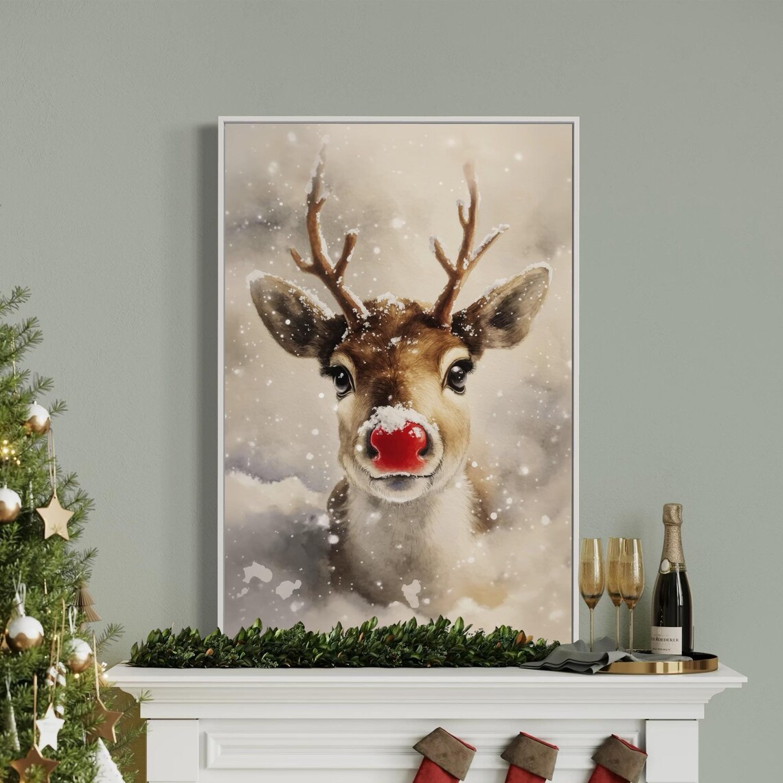 Reindeer Red Nose Snowy Winter Cute Holiday Christmas Animal Poster