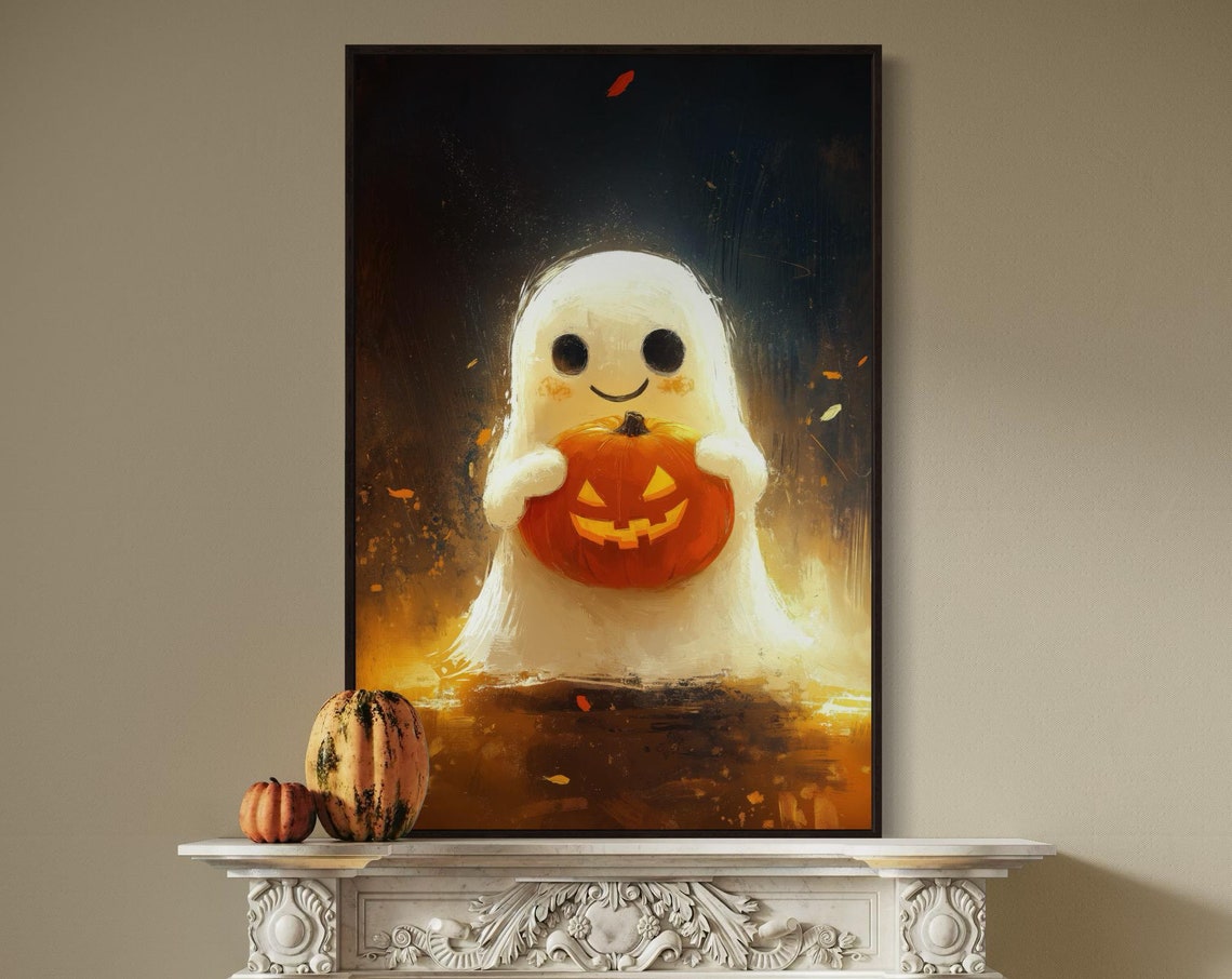 Cute Smiling Ghost Holding Pumpkin Jack O Lantern Halloween Art Print