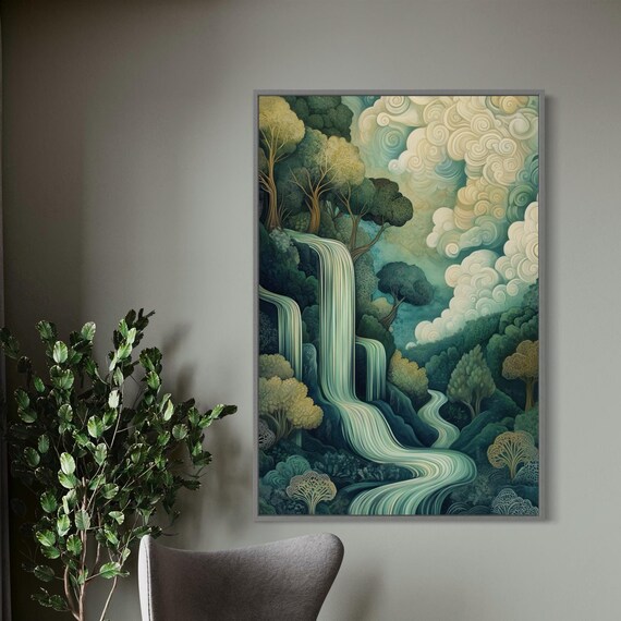 Dreamy Waterfall In Fantastical Forest Lush Greenery And River Landscape Print For Home Decor Perfect Emerald Green Wall Art