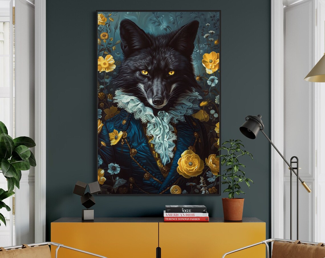 Victorian Fantasy Black Fox Yellow Eyes Regal Floral Art Poster