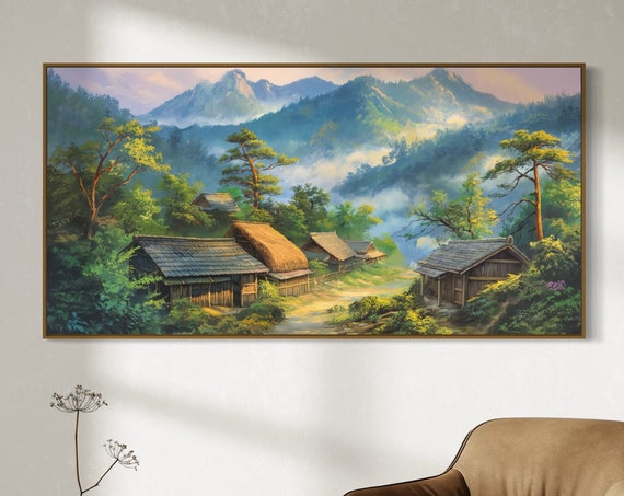 Misty Mountain Village Atmospheric Japanese Landscape Print Relaxing Greenery Wall Art For Home Decor