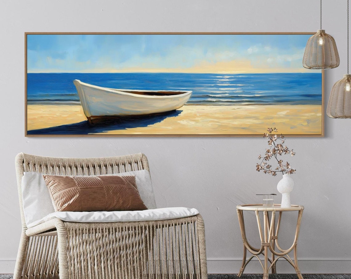 Serene White Rowboat Sandy Beach Blue Ocean Panoramic Travel Poster