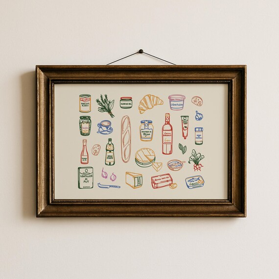 French Pantry Print Whimsical Bistro Kitchen Wall Art Food Illustration Poster