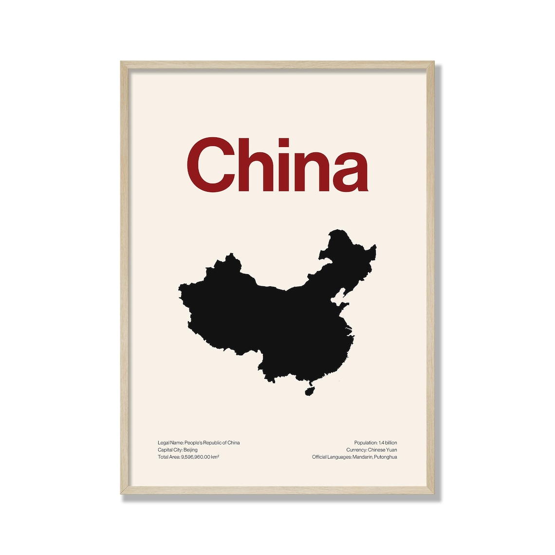 China Country Map Minimalist Silhouette Poster Modern Red Typography