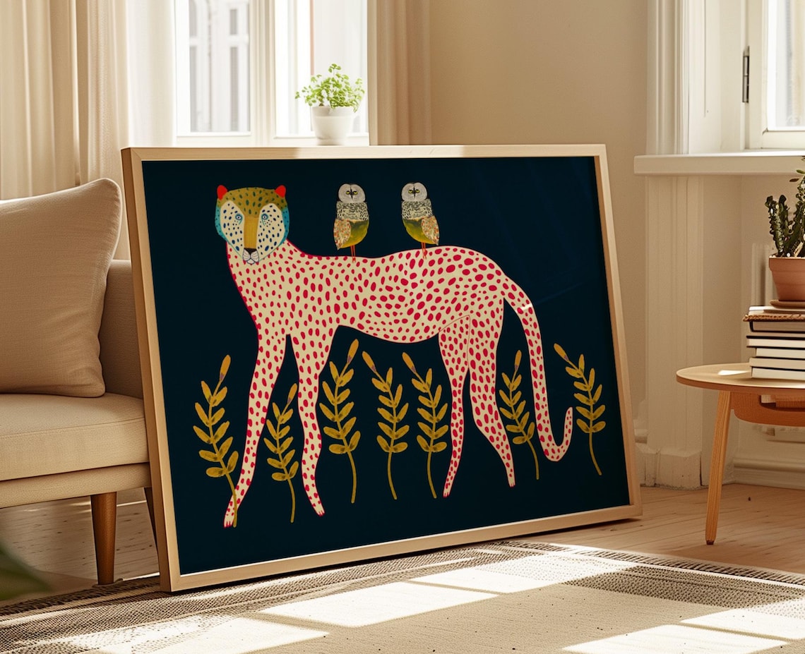 Leopard And Owls Animal Illustration Art Print