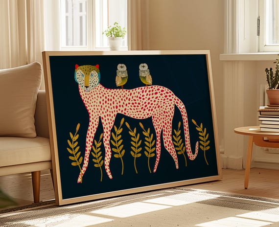 Leopard And Owls Animal Illustration Art Print
