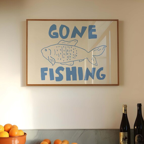 Gone Fishing Blue Bold Letters Fish Doodle Funny Outdoors Quote Poster