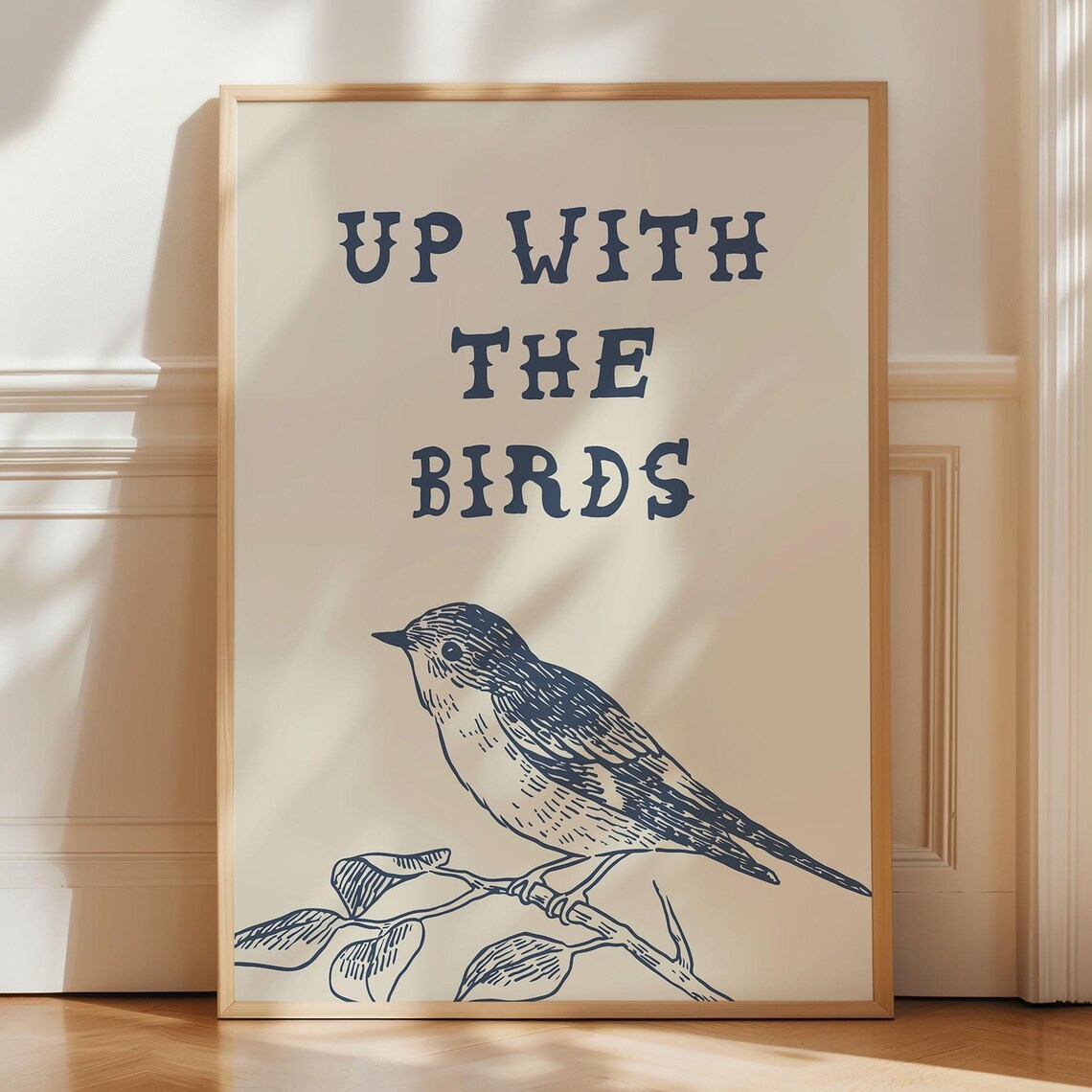 Up With the Birds Vintage Songbird Poster Blue Ink Nature Wall Decor