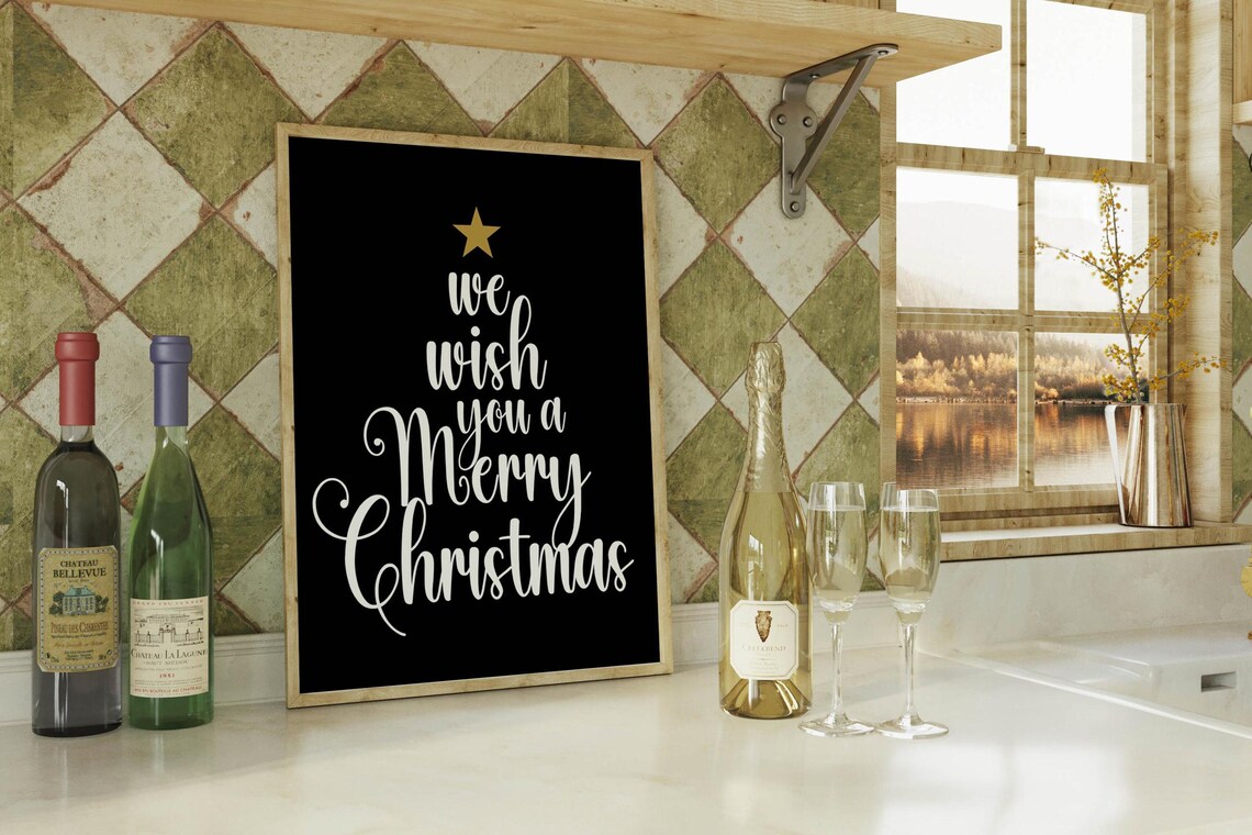 We Wish You A Merry Christmas Calligraphy Tree Gold Star Poster - Image 3