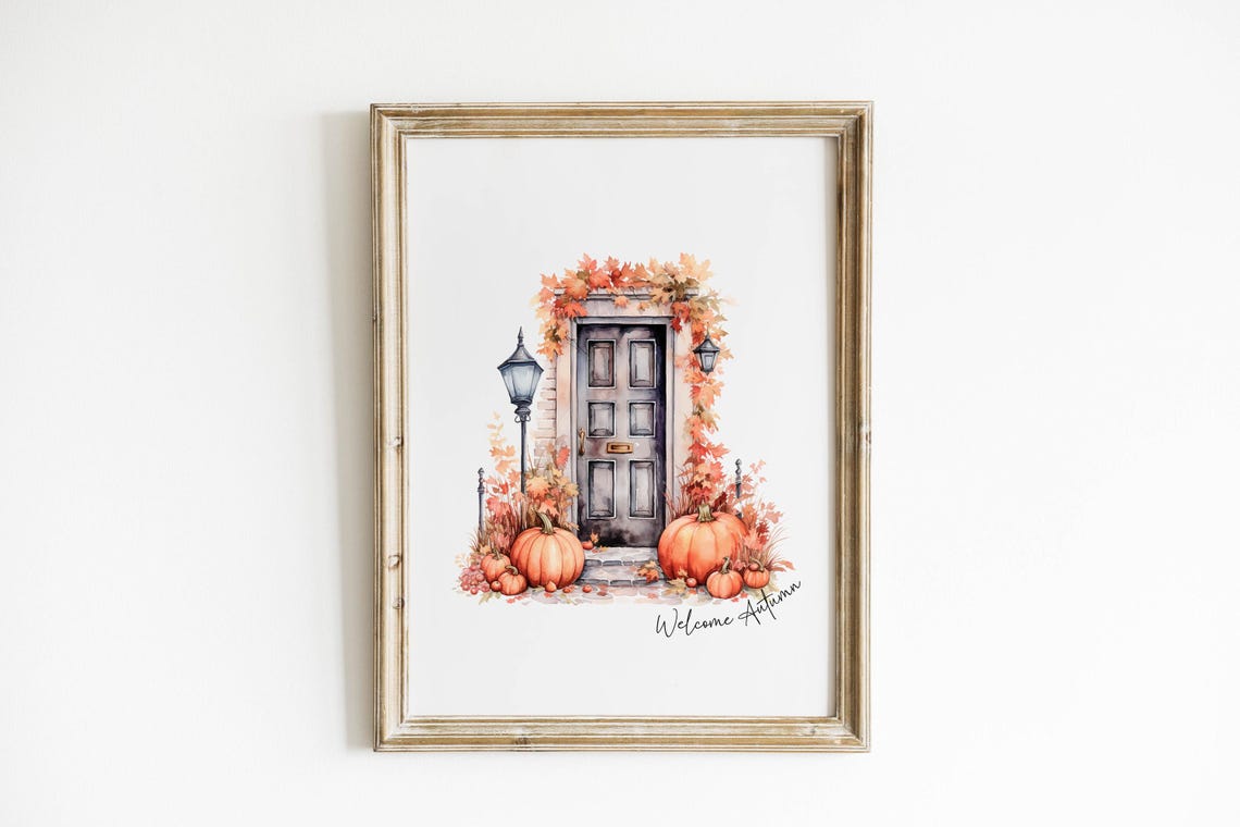 Welcome Autumn Watercolor Front Door Pumpkins Fall Scene Poster - Image 4