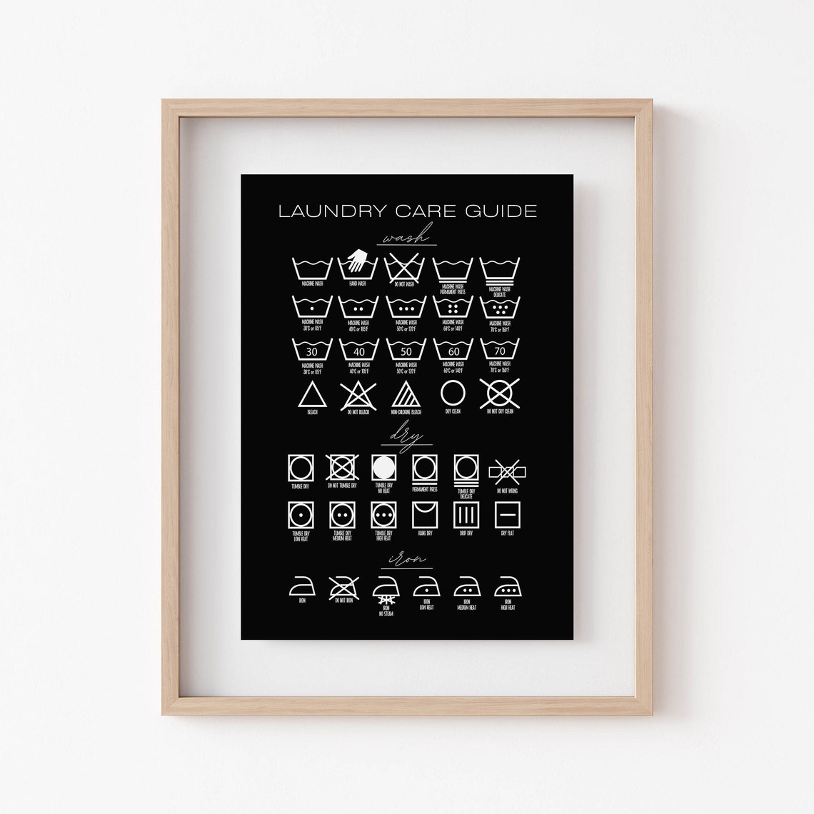 Laundry Care Guide Wash Symbols Black Laundry Room Decor Chart Poster - Image 3