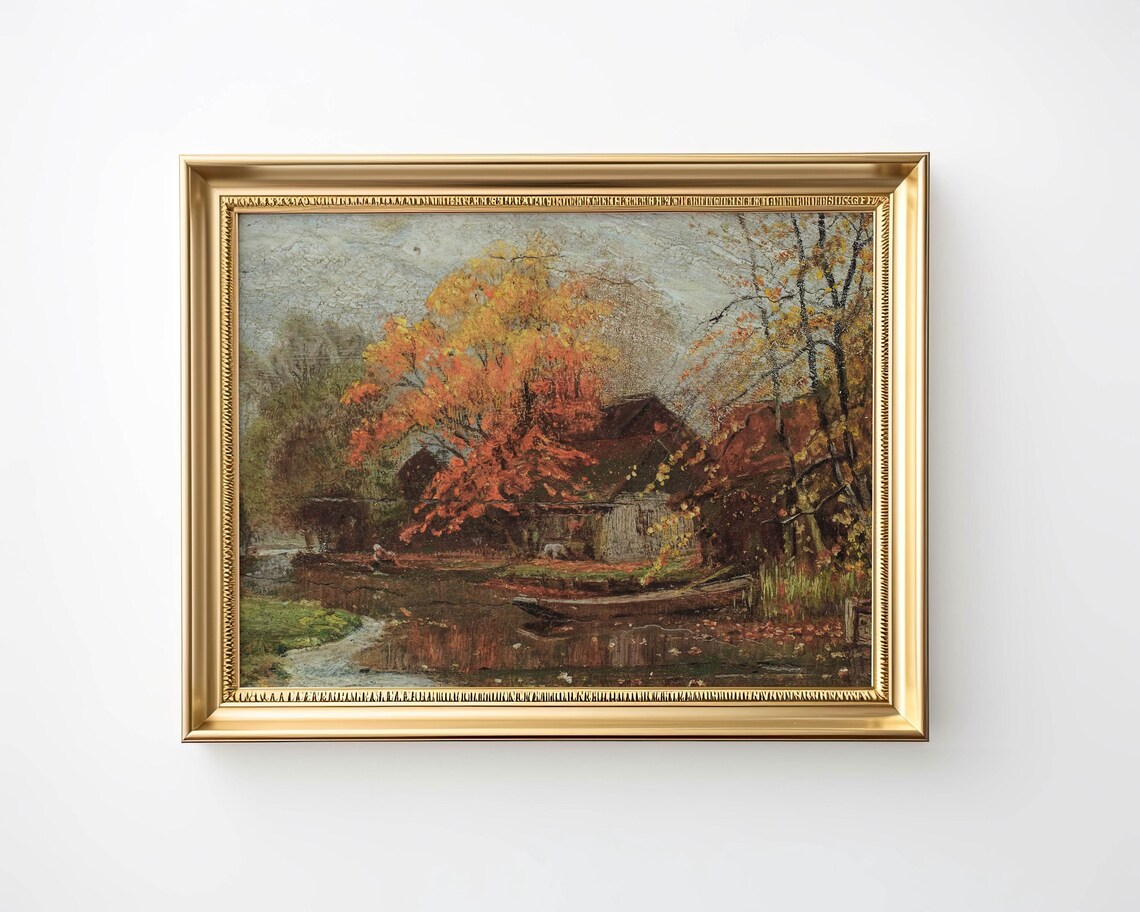 Moody Autumn River Landscape Vintage Oil Fall Painting Poster - Image 2