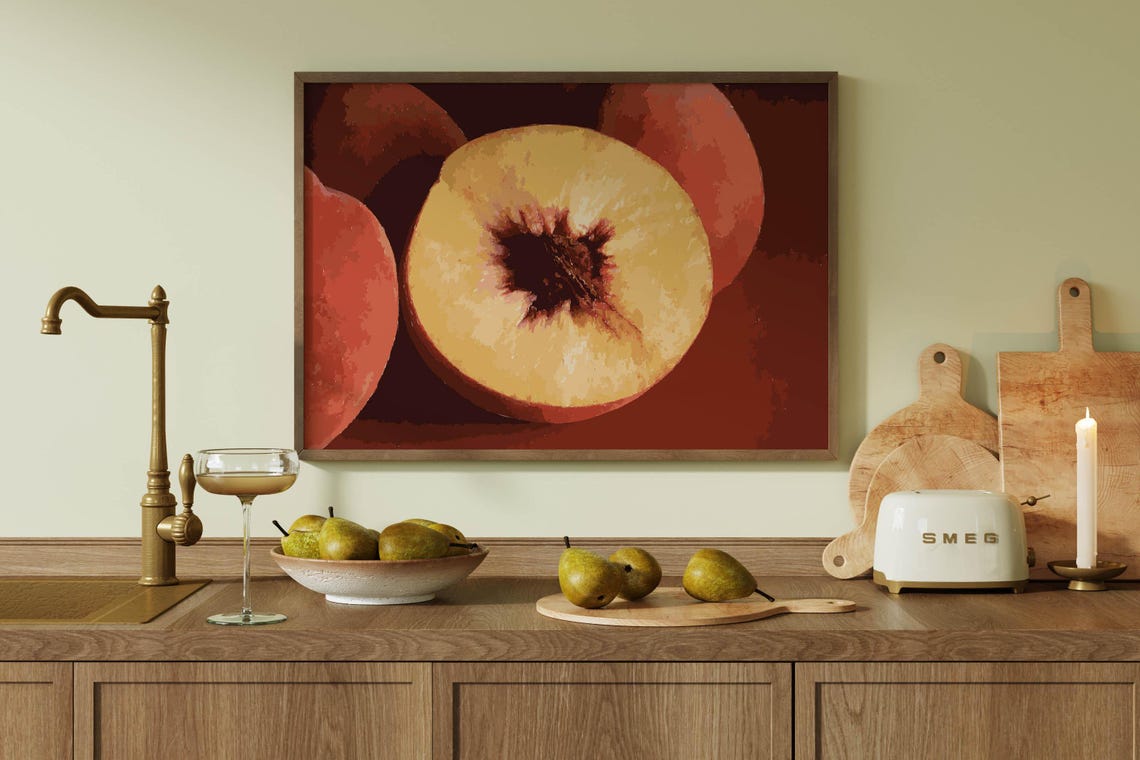 Fresh Sliced Peach Still Life Painting Warm Kitchen Artwork Print - Image 3