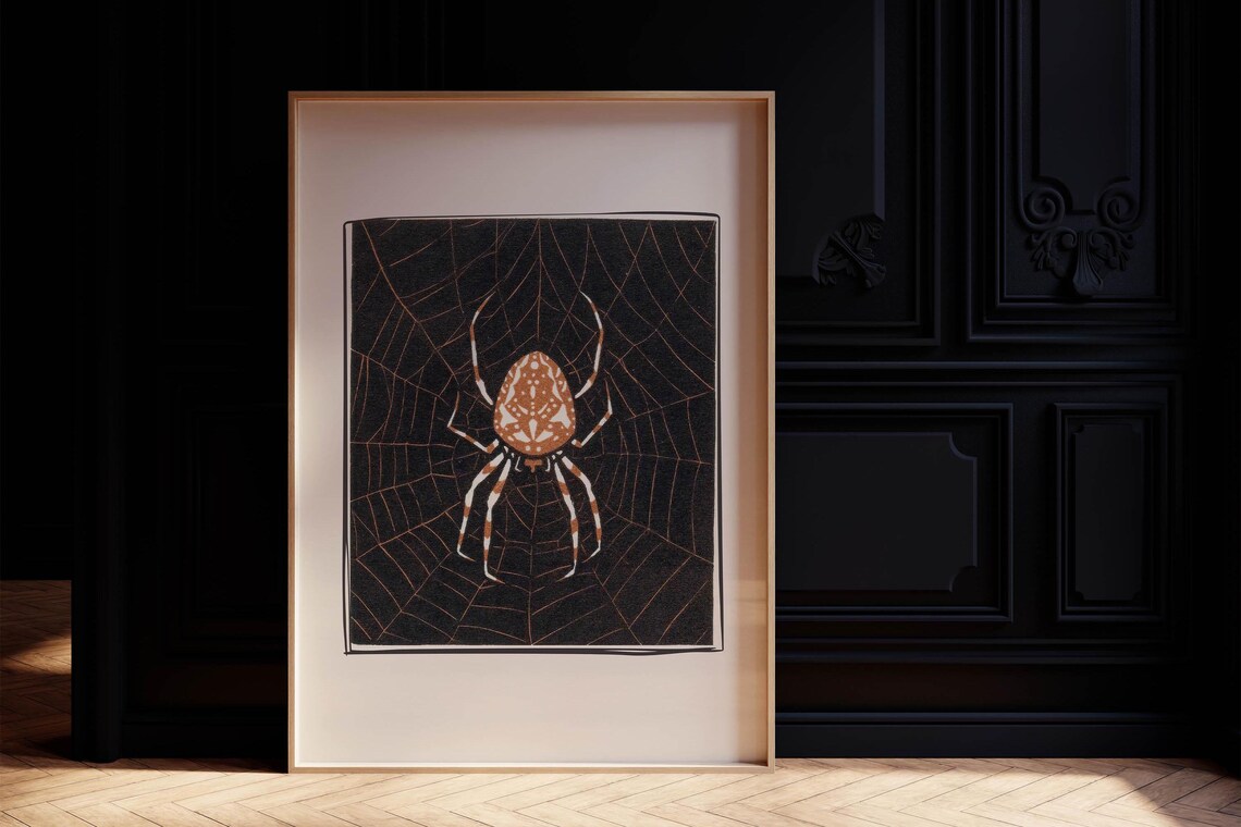 Vintage Spider On Web Woodblock Style Halloween Insect Art Poster - Image 5